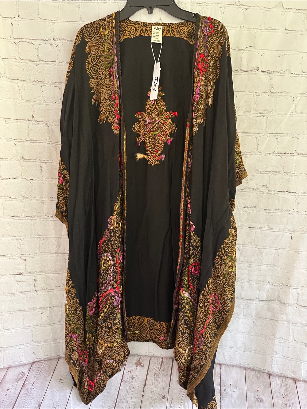Raj Black Kimono with Gold Embroidery and colored accents made in India NWT